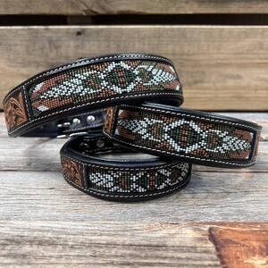 Green and Tan Genuine Leather Beaded Dog Collar Small